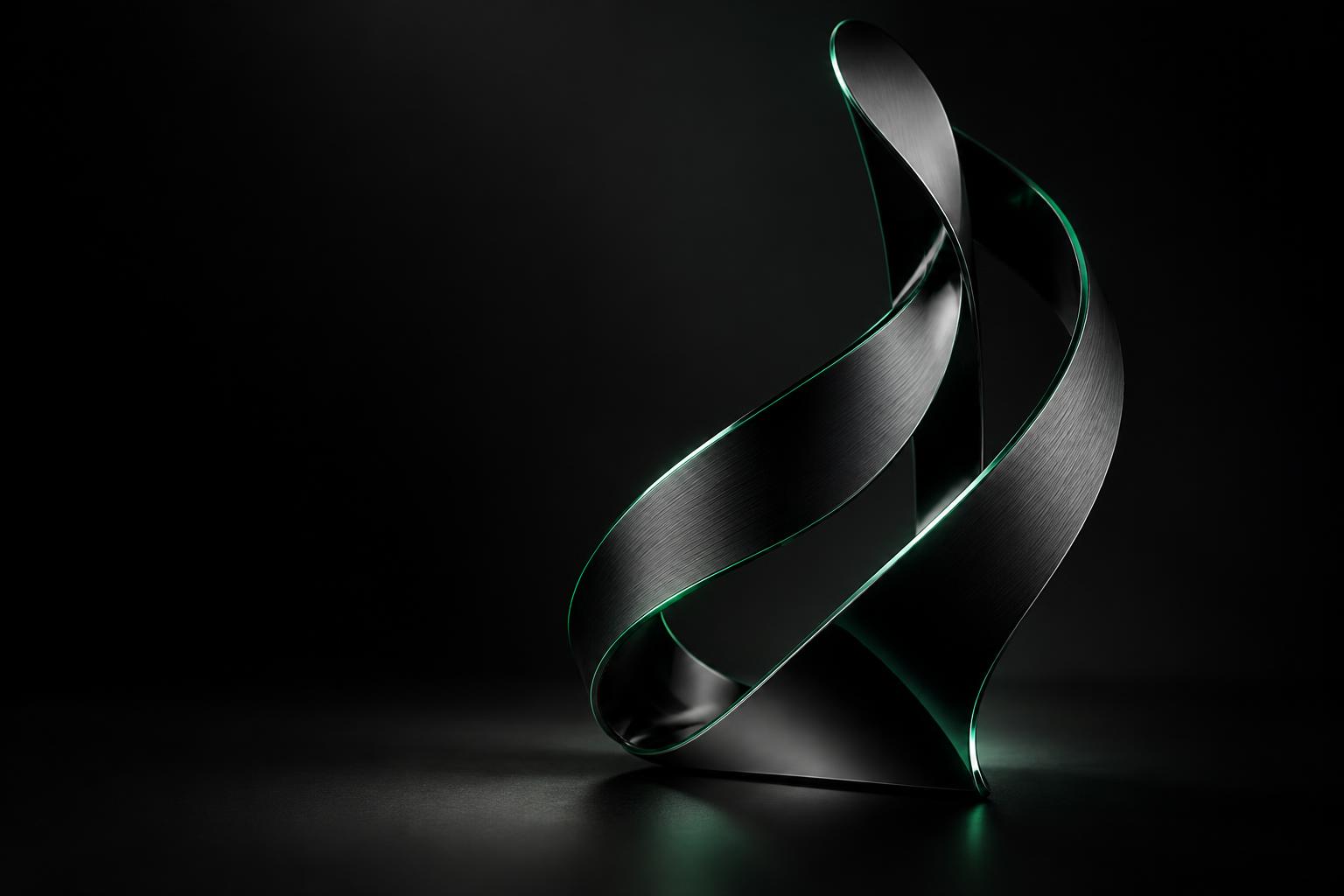 Escultura abstracta ascendente de metal oscuro con detalles verdes